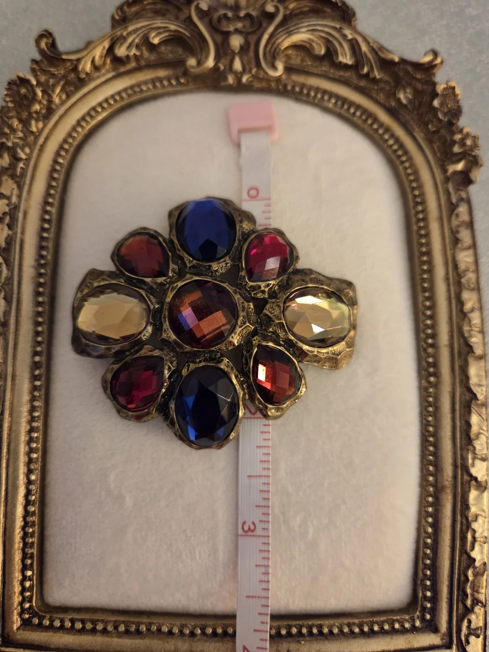 Genuine Vintage Gold-Tone Brooch/pin with Blue, Red, and Amber Glass Stone Inlay